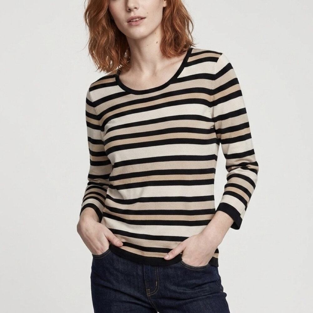 Vintage 1980s Silk blend knit top, black and cream striped pattern, size S